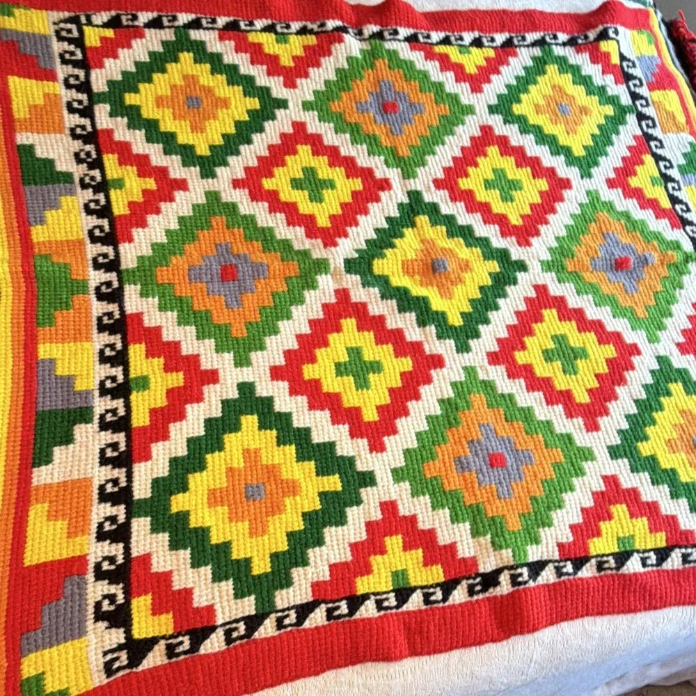 Vintage Handmade Needlepoint Rug 47x40 Geometric Folk Art Tapestry Colorful